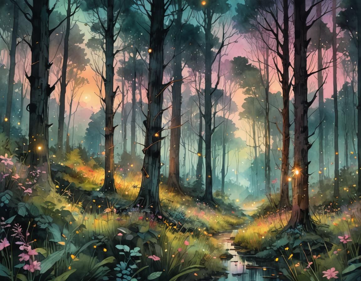 Magical Forest at Dusk: Digital Watercolor Art