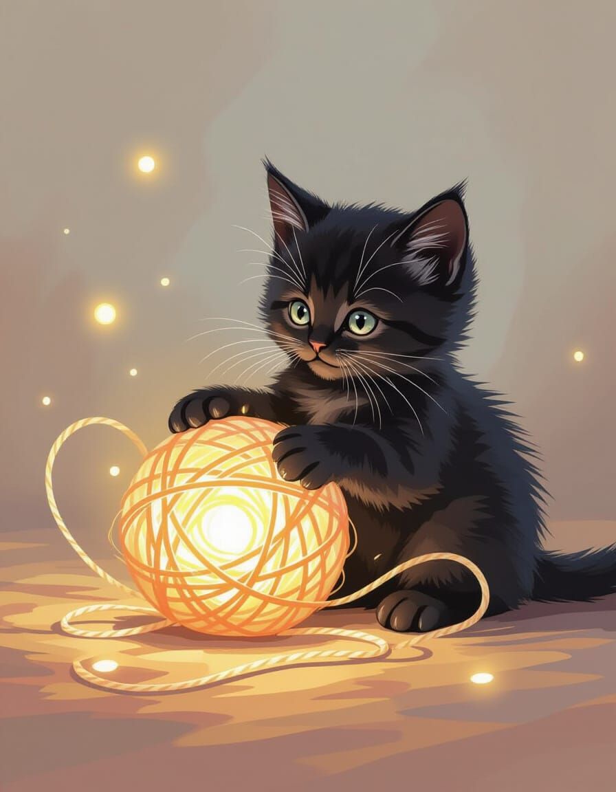 Black Kitten Plays with Glowing Yarn in Neo-Impressionist St...