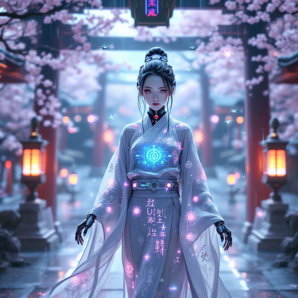 Cyborg Priestess in Neo-Japanese Shrine