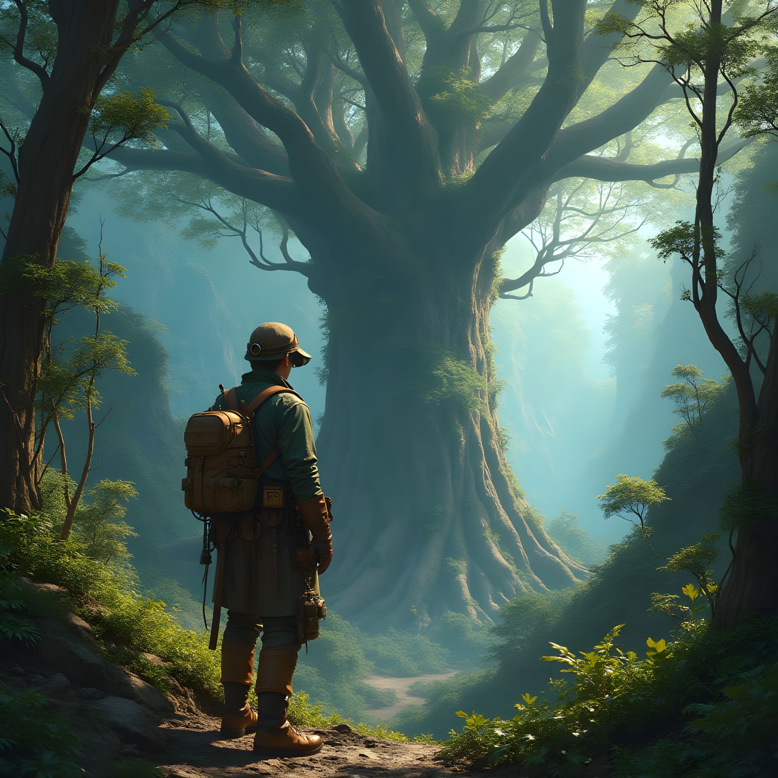 Steampunk Explorer in Bioluminescent Jungle Valley