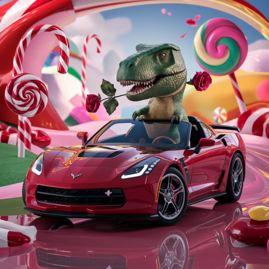 Dinosaur Drives Corvette in Whimsical Candyland