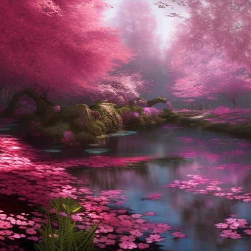 Gothic Water Garden in Crimson Sakura Forest