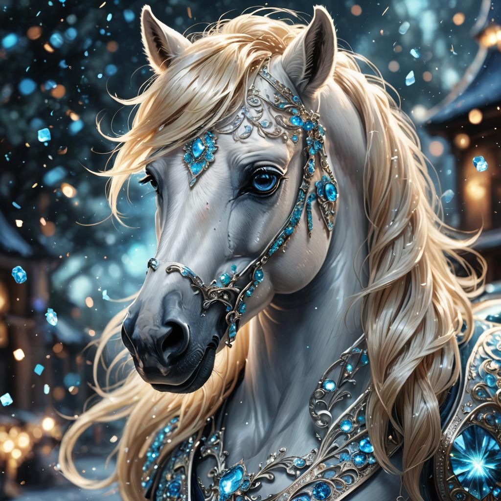 sparkly glass pony, beautiful majestic image, sparkles, glowing, all over horse, beautiful image, beautiful whitish blon...