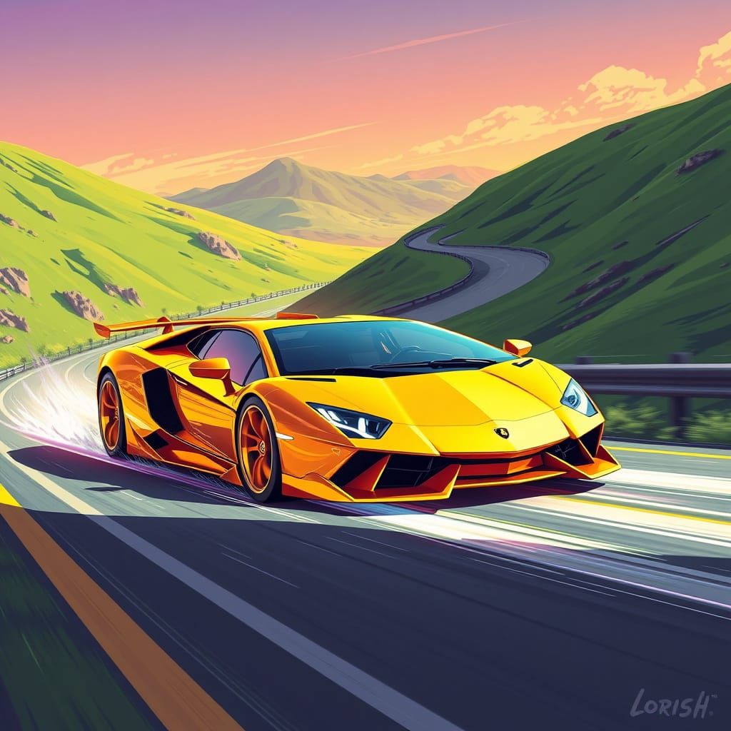Golden Futuristic Sports Car Speeds Down Winding Road in Neo...