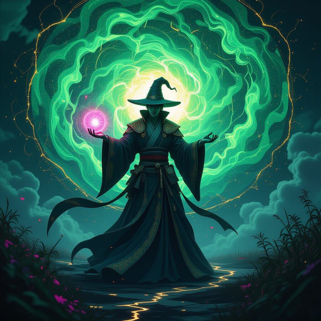 Ethereal Magician Amidst Swirling Colors in Dan Mumford Styl...