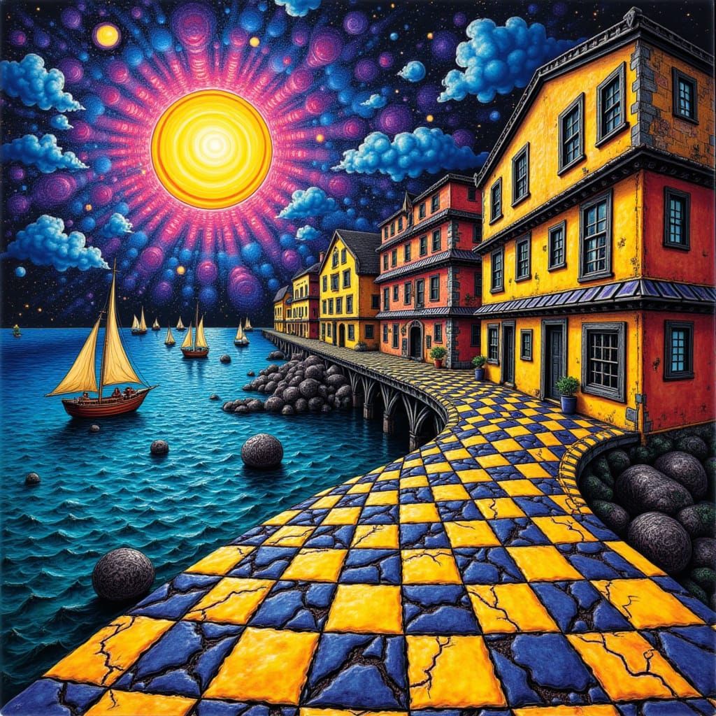 Checkerboard Harbor City Impasto Painting