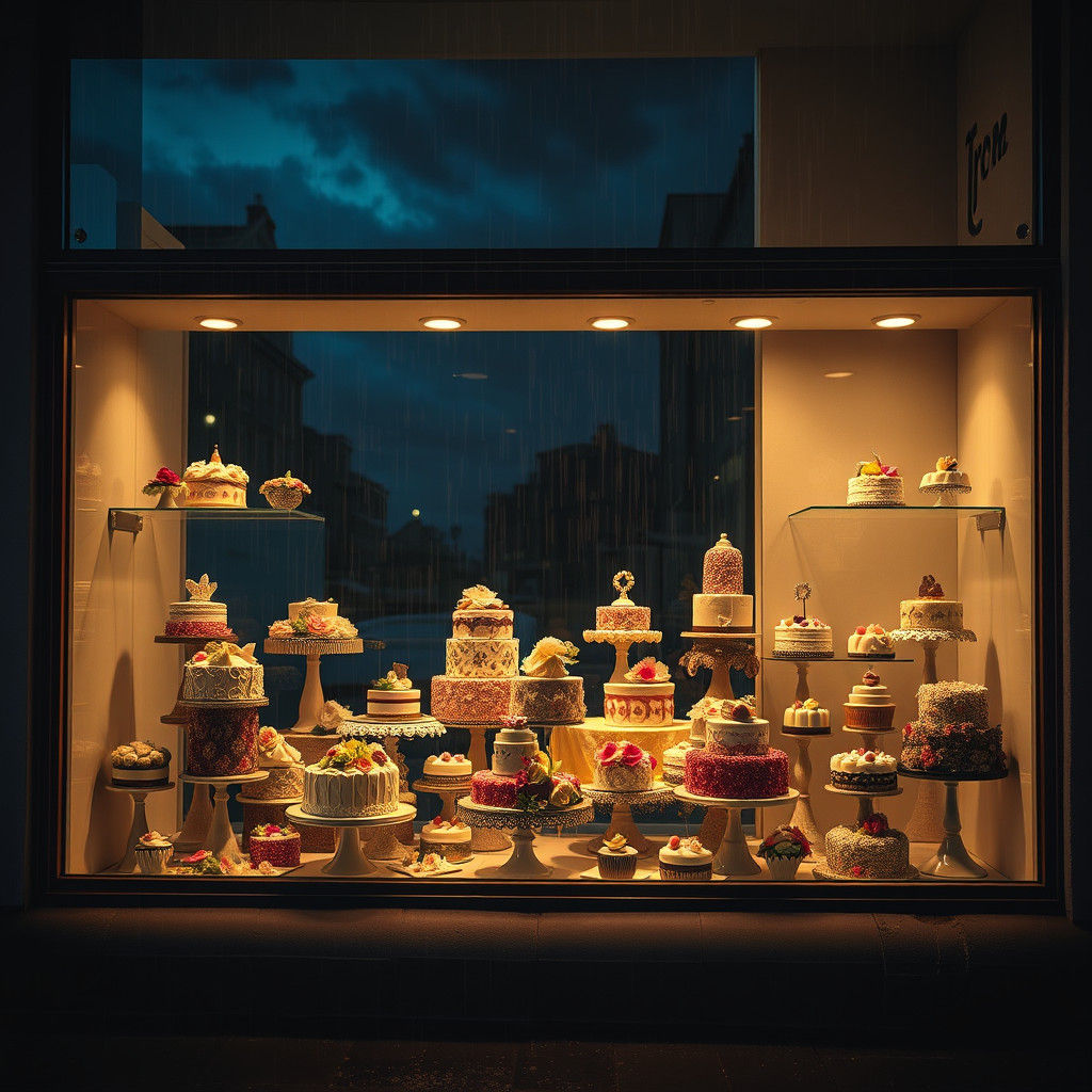 Cake Shop Window Display at Night as Digital Art