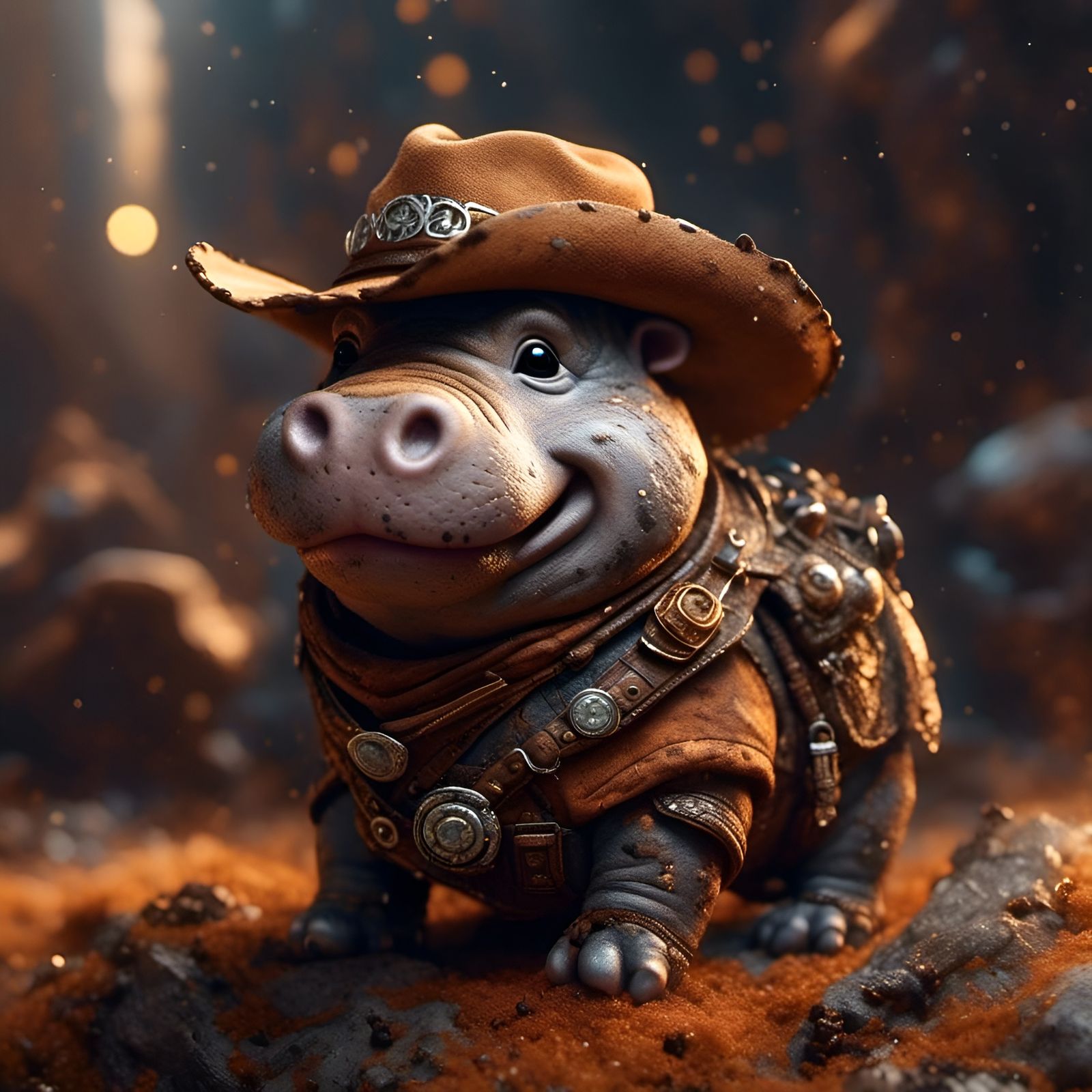 Chibi Hippo Cowboy in Cosmic Safari Style