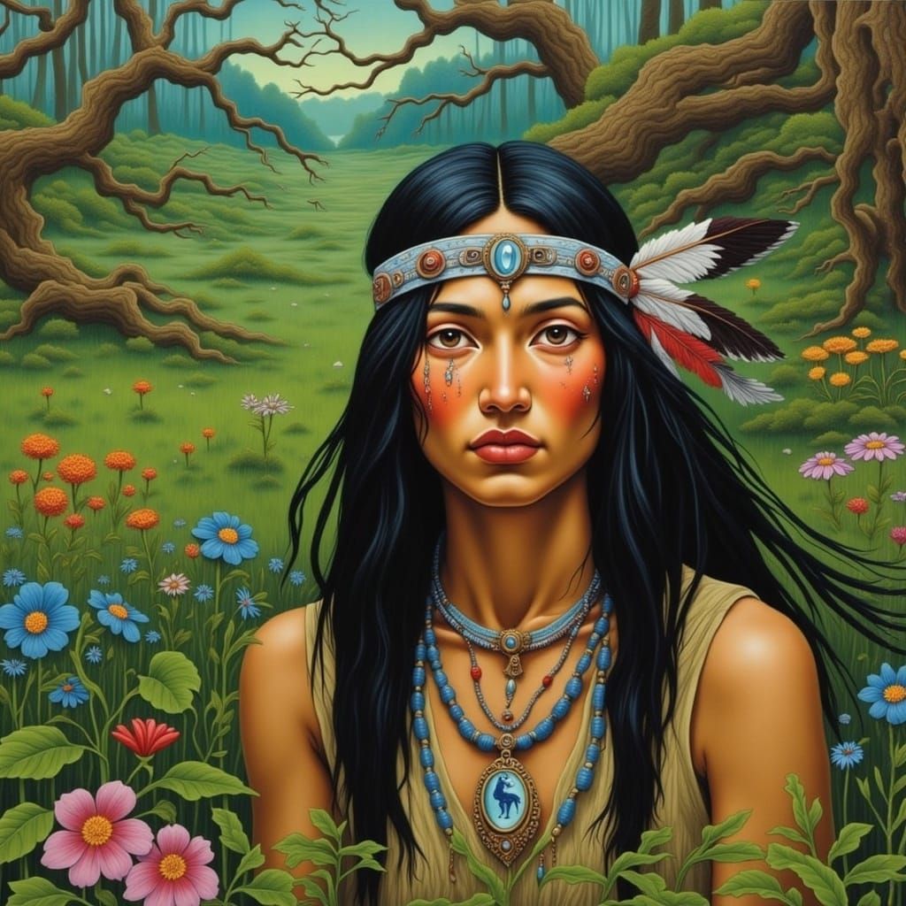 Mystical Pocahontas Portrait in Art Nouveau Style