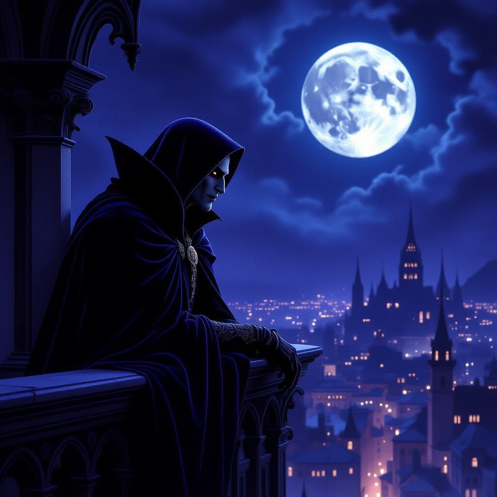 Vampire Gazes at Moonlit Cityscape in Dark Fantasy Style