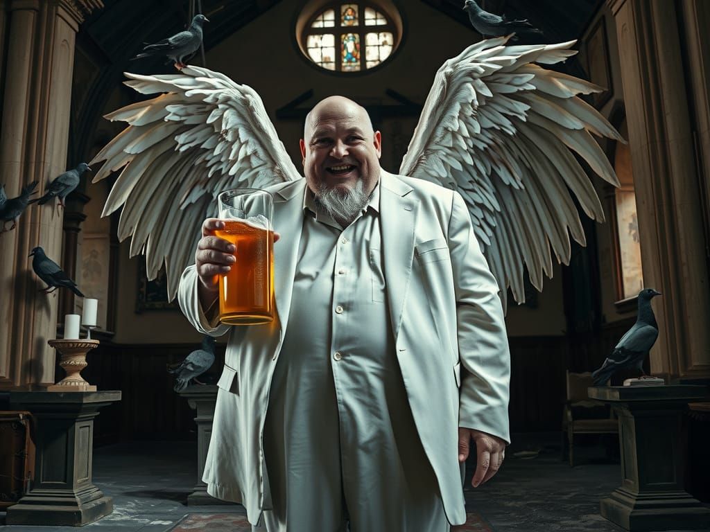 Despairing Angel in Dilapidated Church: Cinematic Still