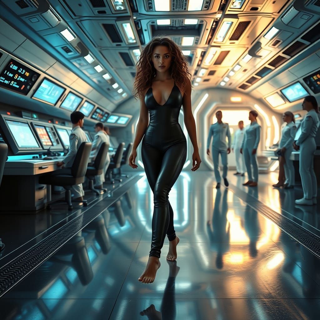 Stunning Woman Walks Through Futuristic Spaceship Command Ce...