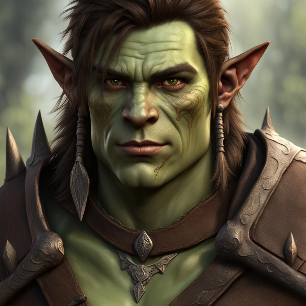 Handsome Half-Orc Ranger with Kind Smile