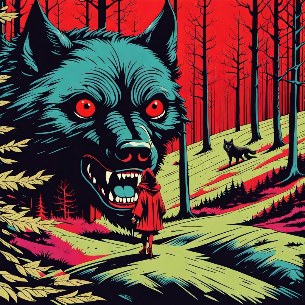 Werewolf Stalking Red Riding Hood in Pop Art Style