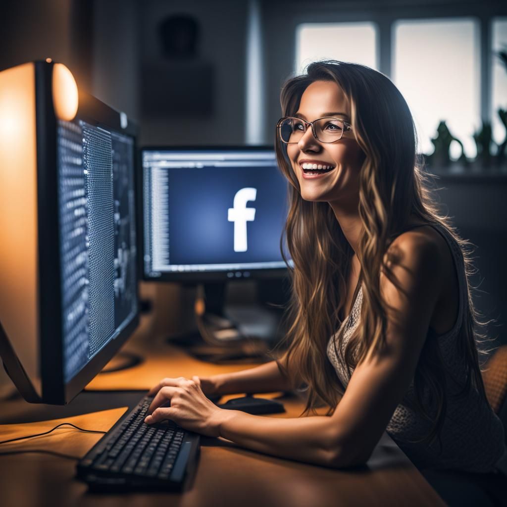 Hyperrealistic Woman Working on Facebook