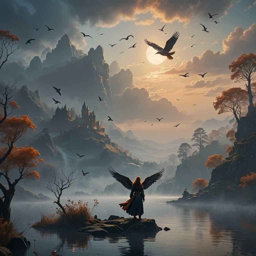 Ethereal Lakeside Scene in Pre-Raphaelite Style