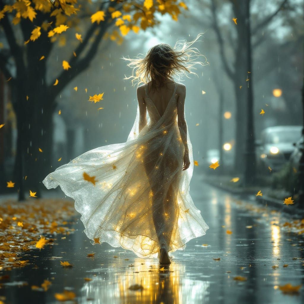Ethereal Rain Girl on Autumn Street