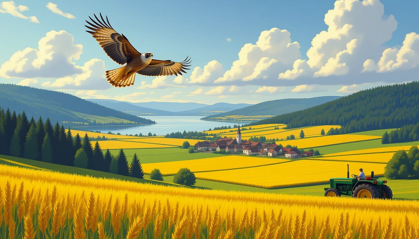 Falcon Over German Landscape in Digital Painting Style