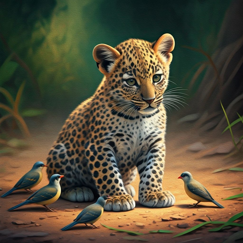 Leopard Watching Birds, Detailed Oil Painting