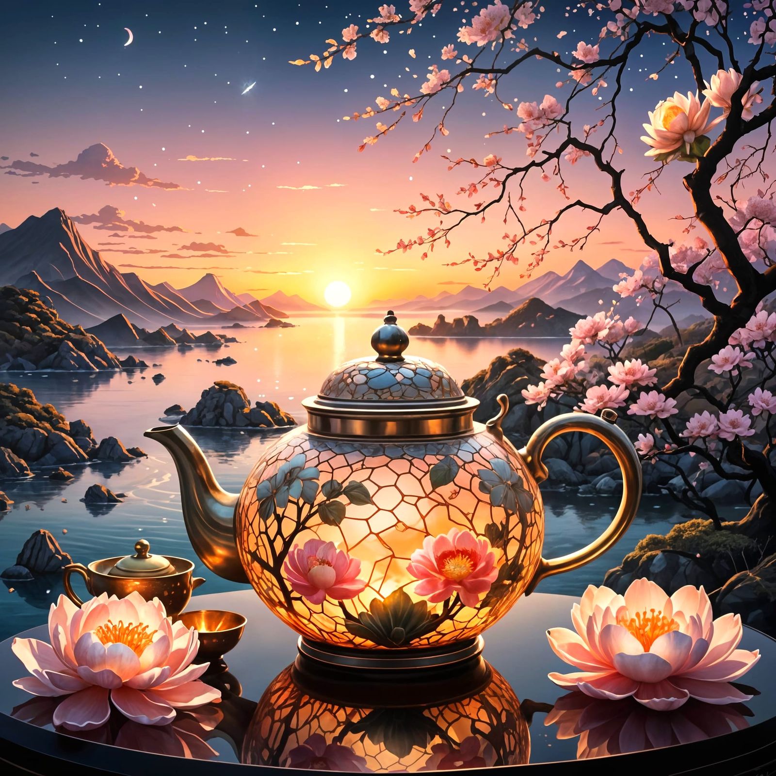 Luminous Teapot with Cherry Blossoms at Sunset