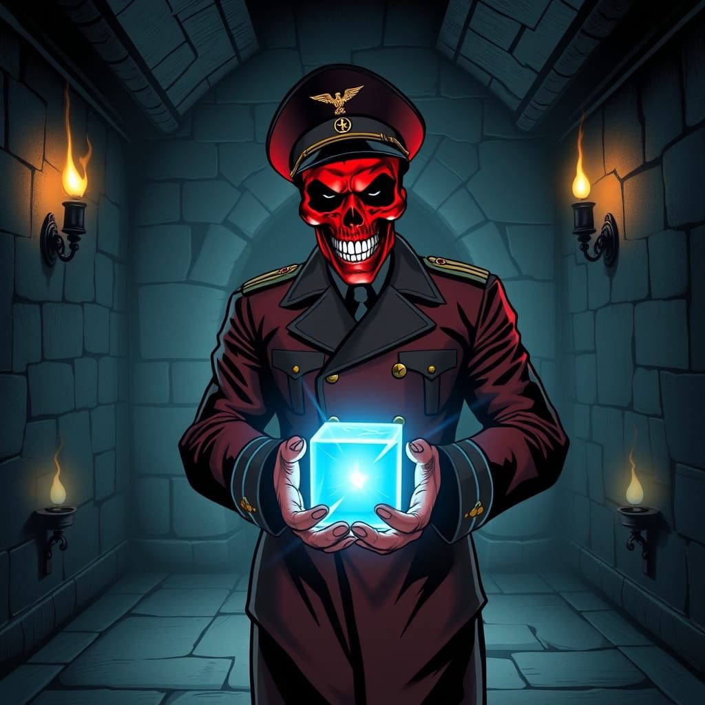 Red Skull Gloats Over Tesseract in Torchlit Room