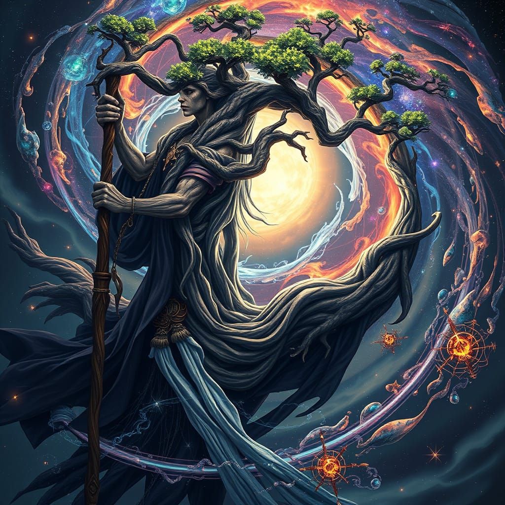 Ethereal Wizard Weaves Cosmic Galaxy with Tree Spirit