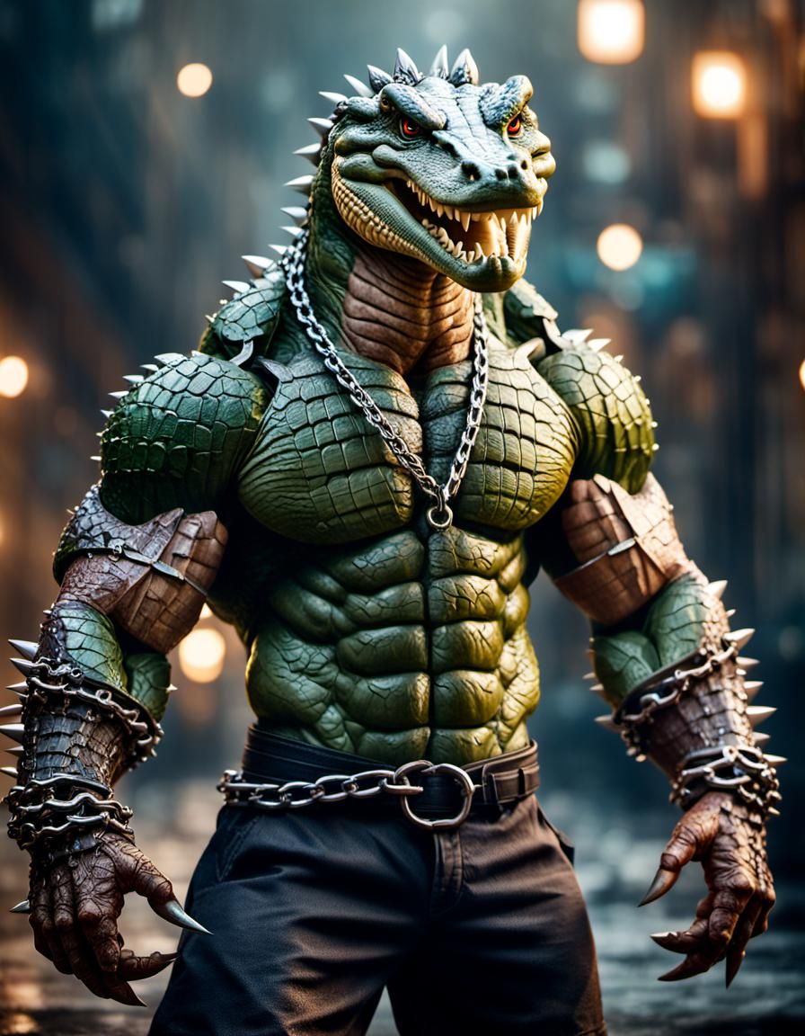 anthropomorphic crocodile man with massive muscular muscle ,8k resolution concept art with chains,spikes and huge claws