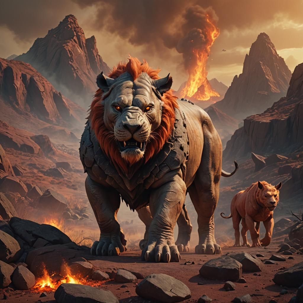 Lion-Rhino Hybrid in Fiery Landscape as Digital Art