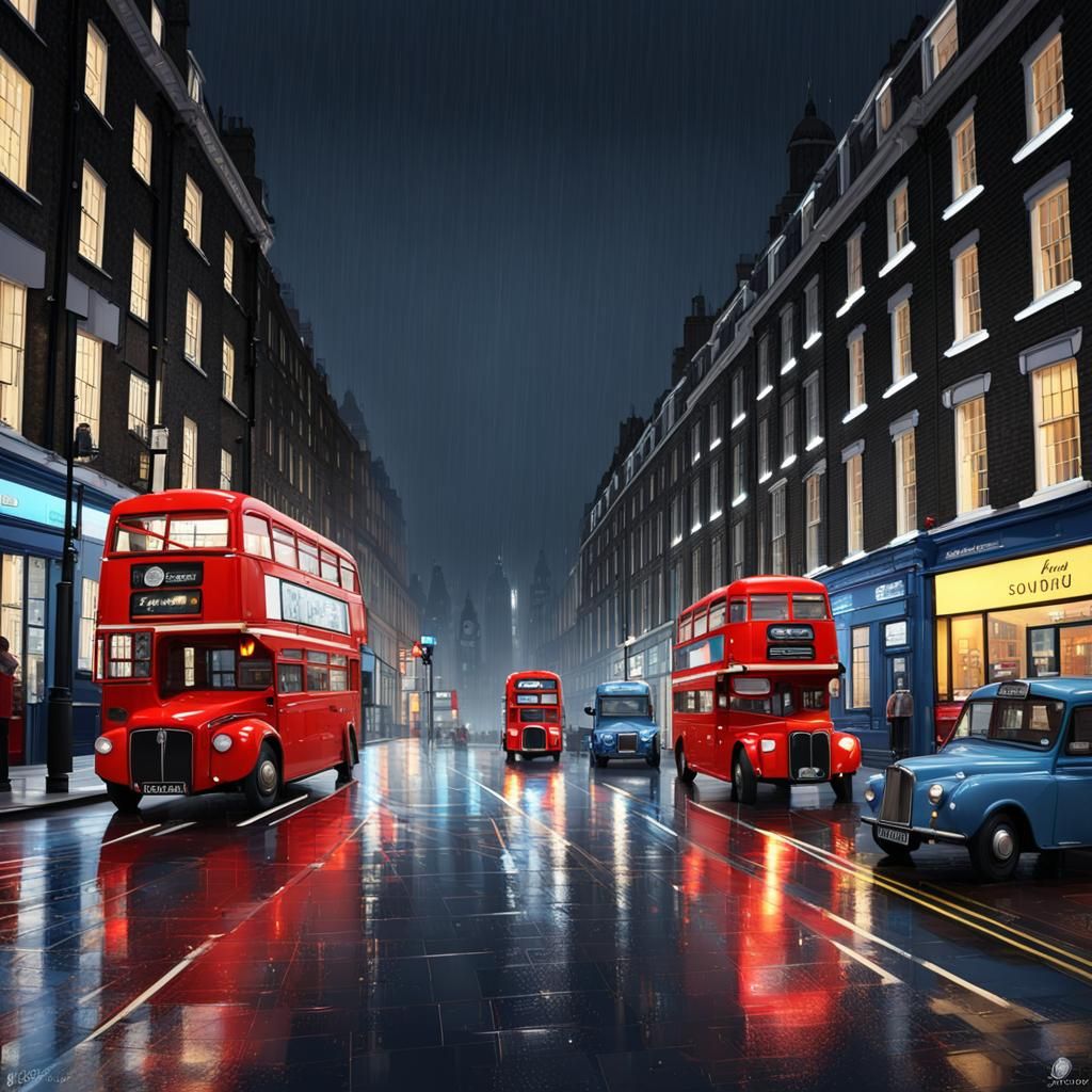 Rainy Night in London with Neon Lights