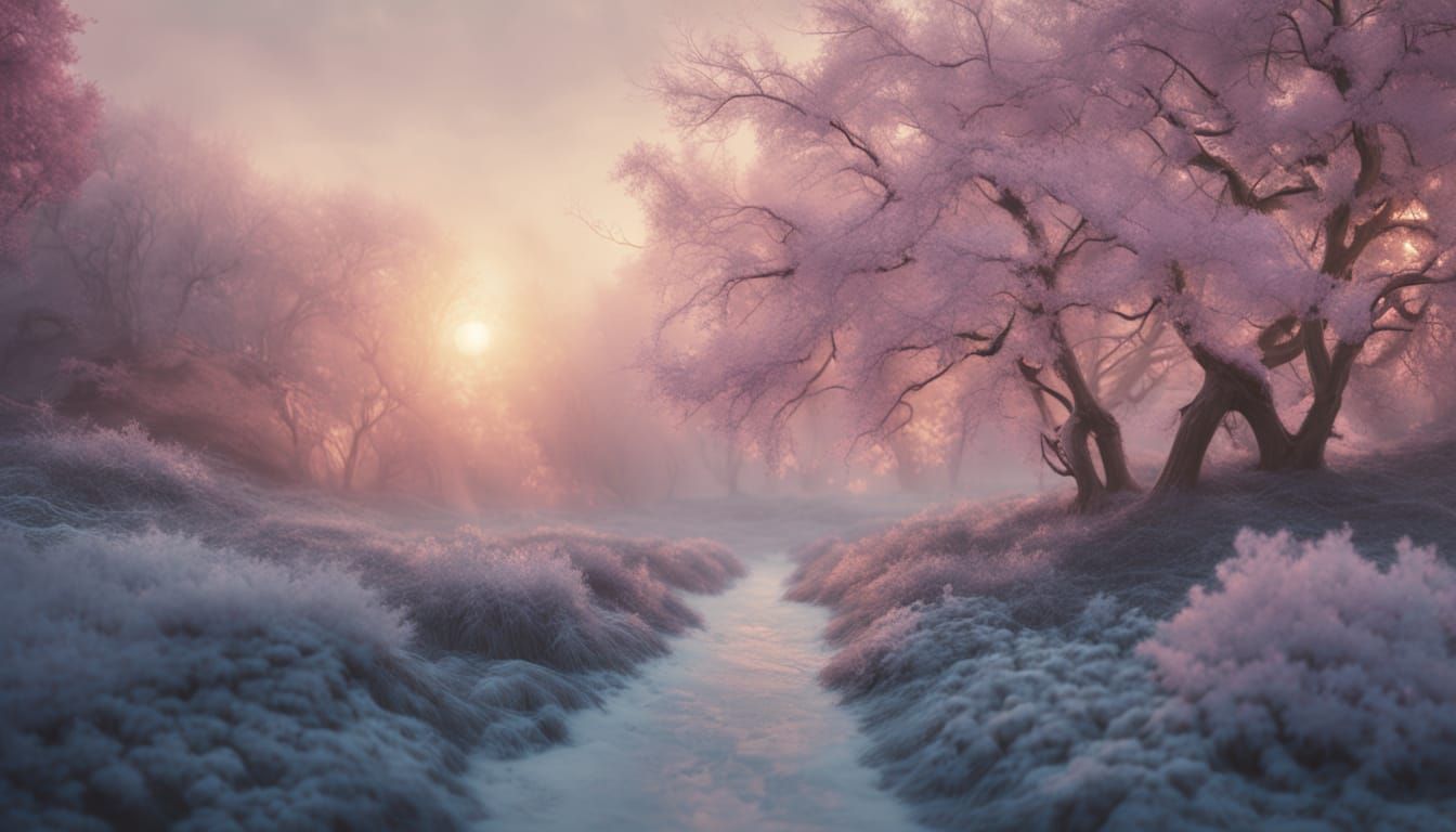 Frosty Spring Landscape with Cherry Blossoms in Golden Hour ...