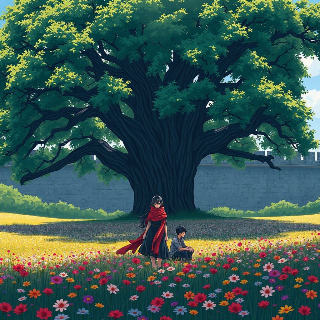 Majestic Tree Sanctuary in Vibrant Wildflower Meadow