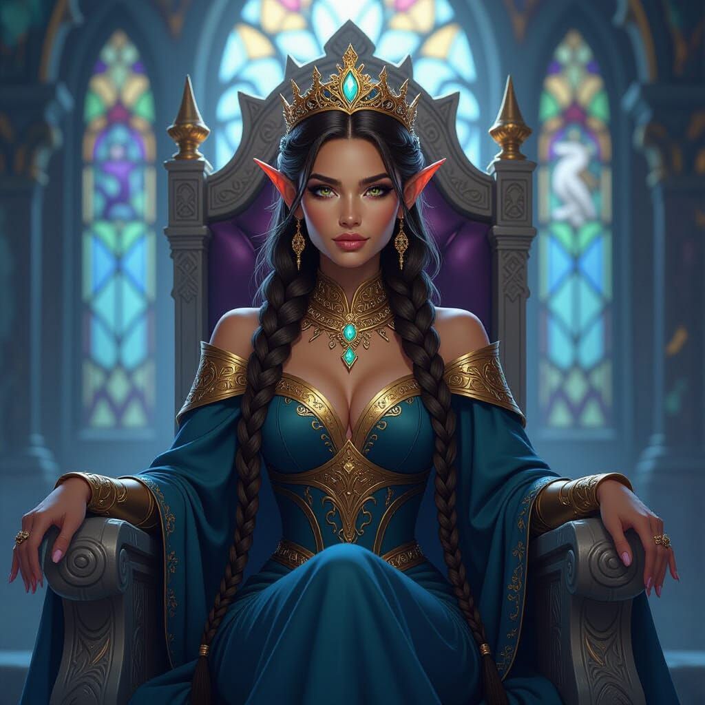 Elven Queen on Marble Throne in Hyperrealistic Style