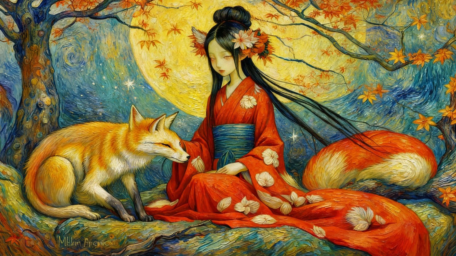 Anime Kitsune Girl with Intricate Guache Impasto Style