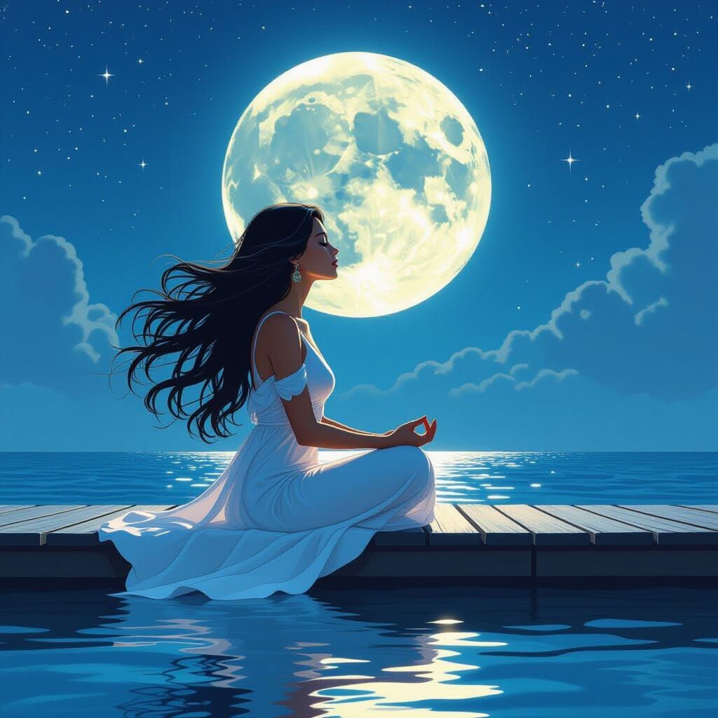 Meditating Woman on Pier in Comic Book Style