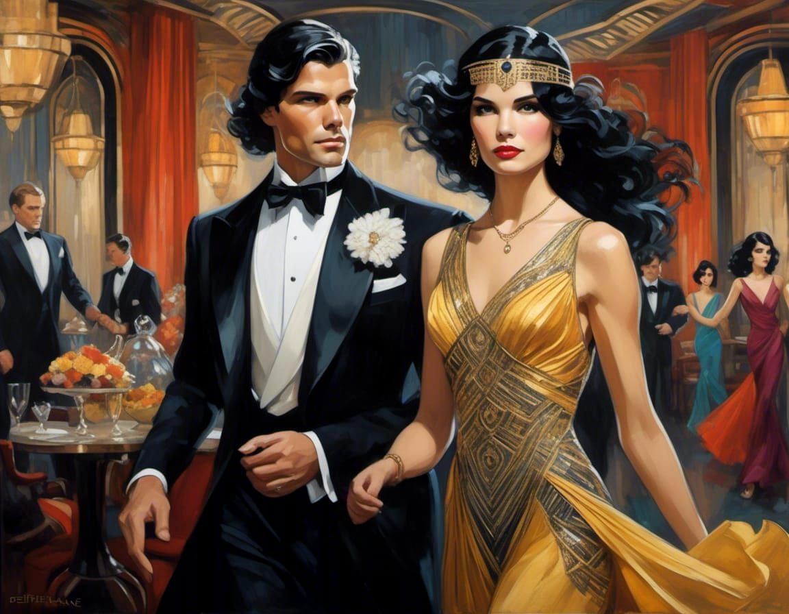 Art Deco Couple at Party in Oil Painting
