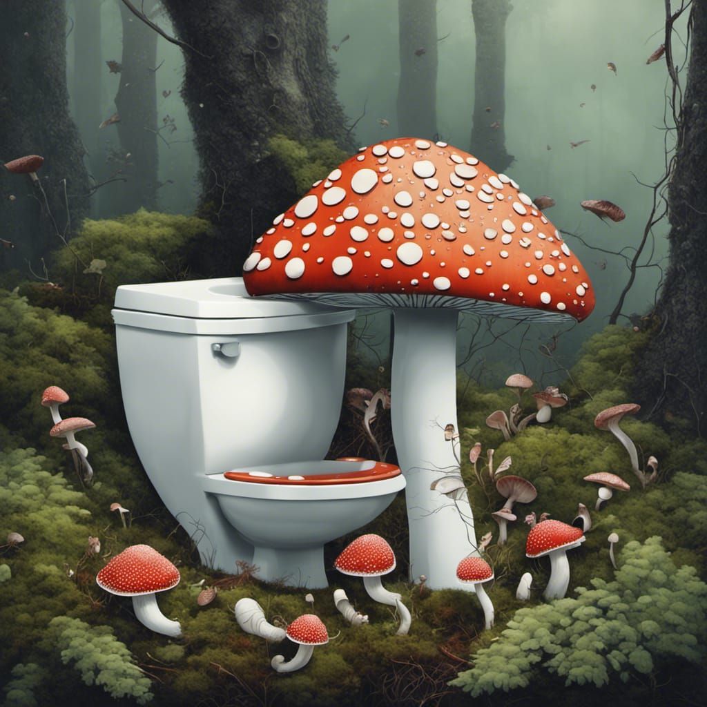Surreal Toilet Overflowing with Forest Life