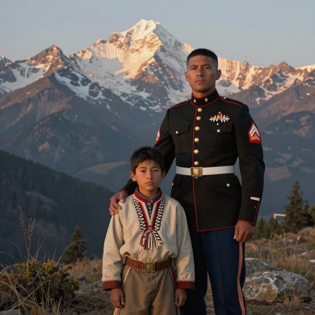 Native American Boy and Marine Father at Dawn