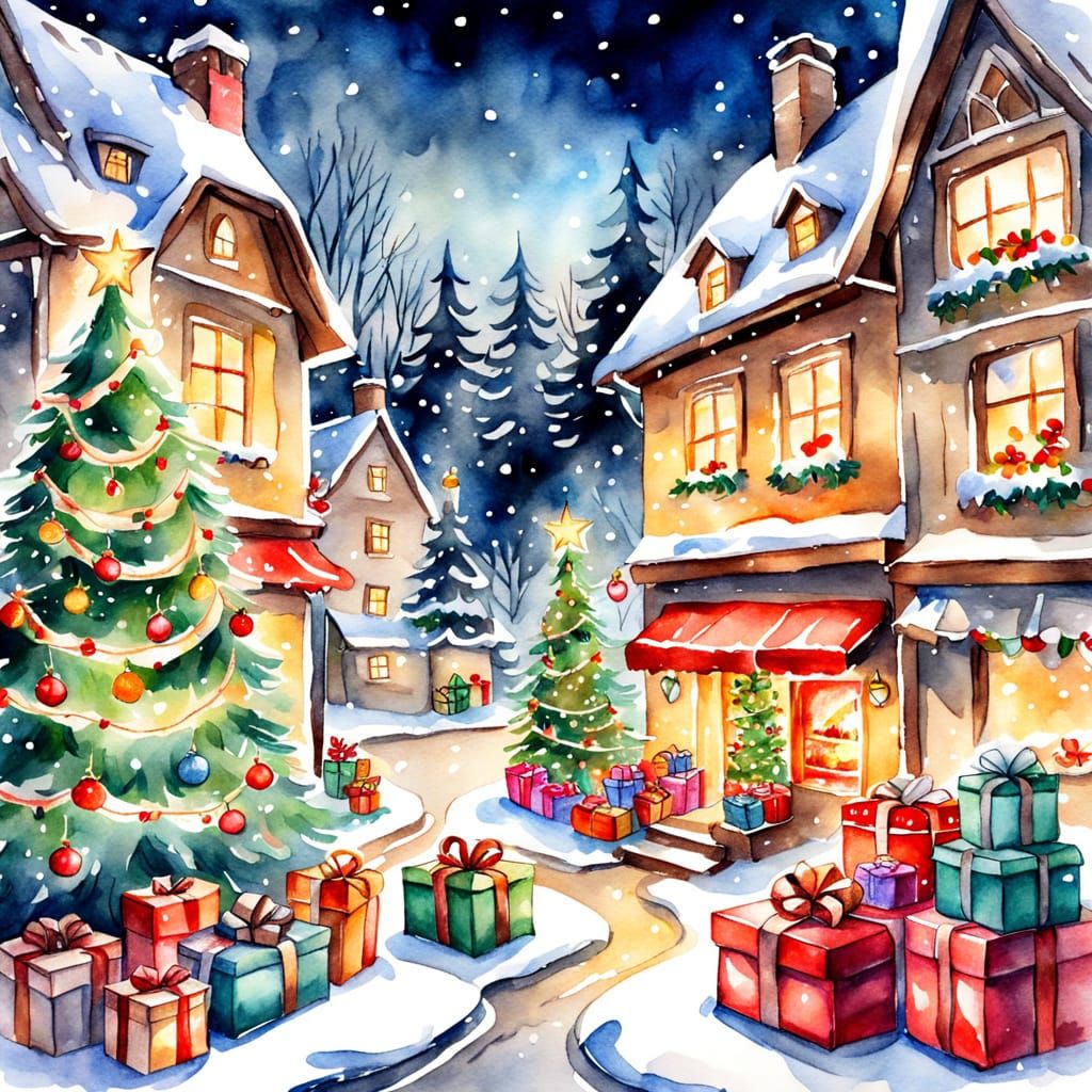 Cozy Christmas Scene Aquarelle Sketch with Gifts
