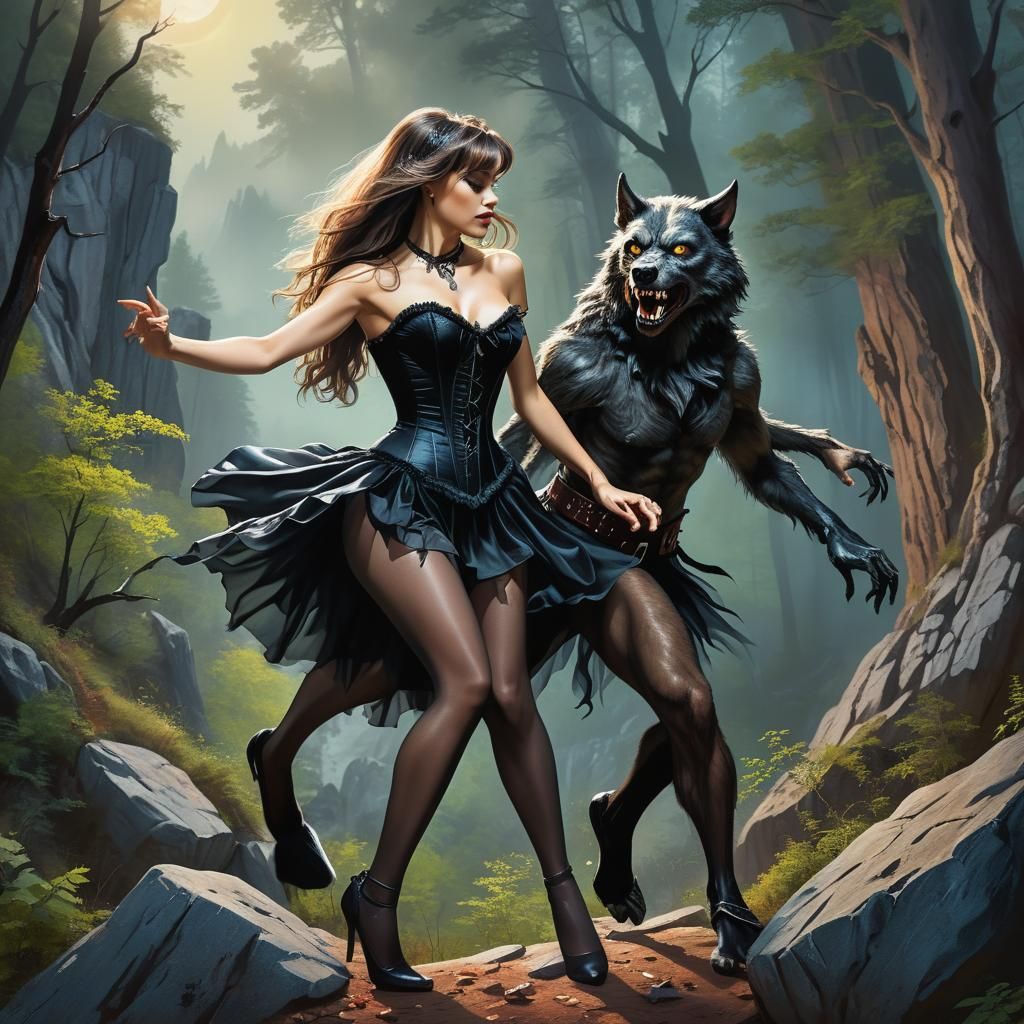 Woman Dancing with Werewolf in Woods: Hyperrealistic Art