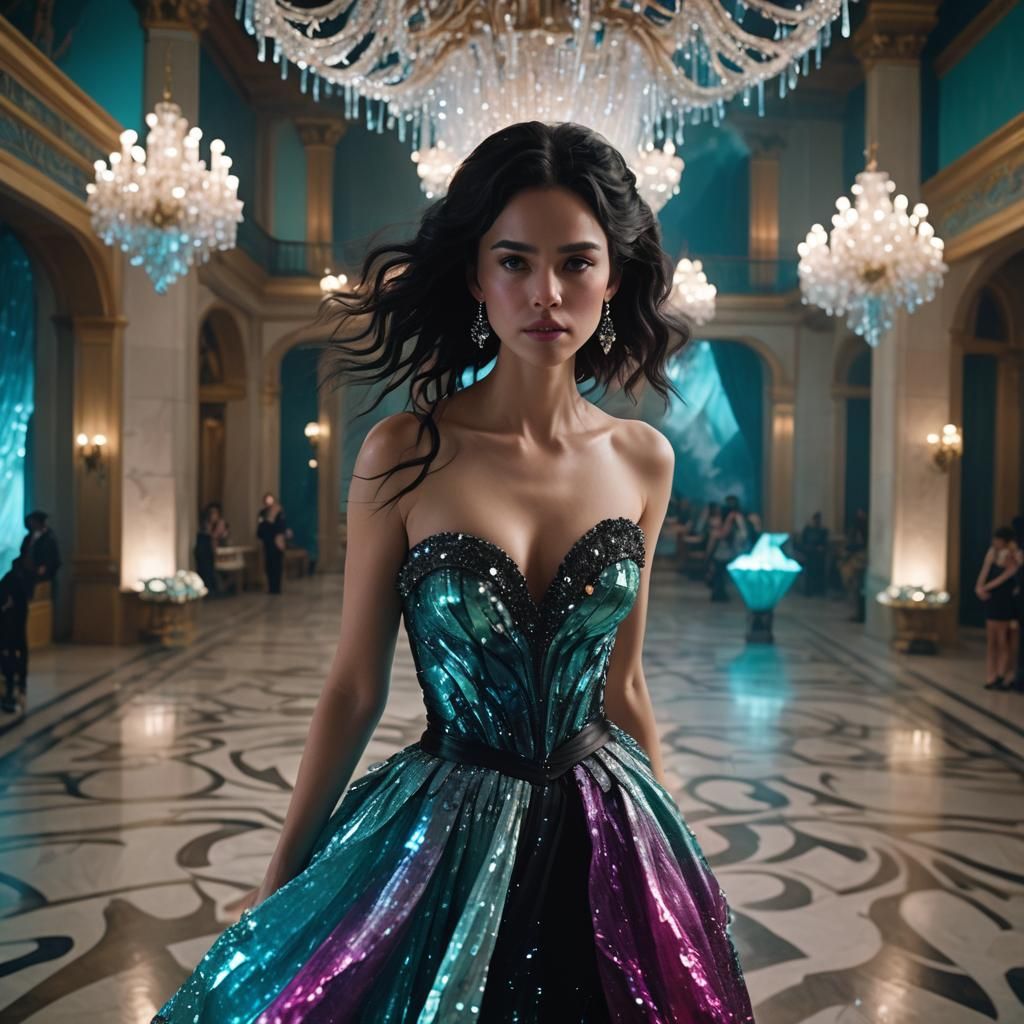 Woman in Crystal Dress in Grand Ballroom