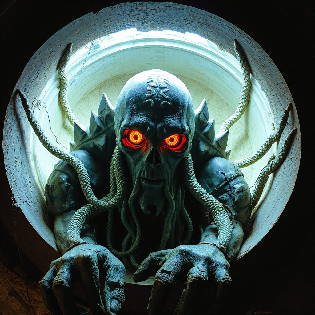 Surreal Goliath Figure in Pillar, Blending Cosmic Horror and...