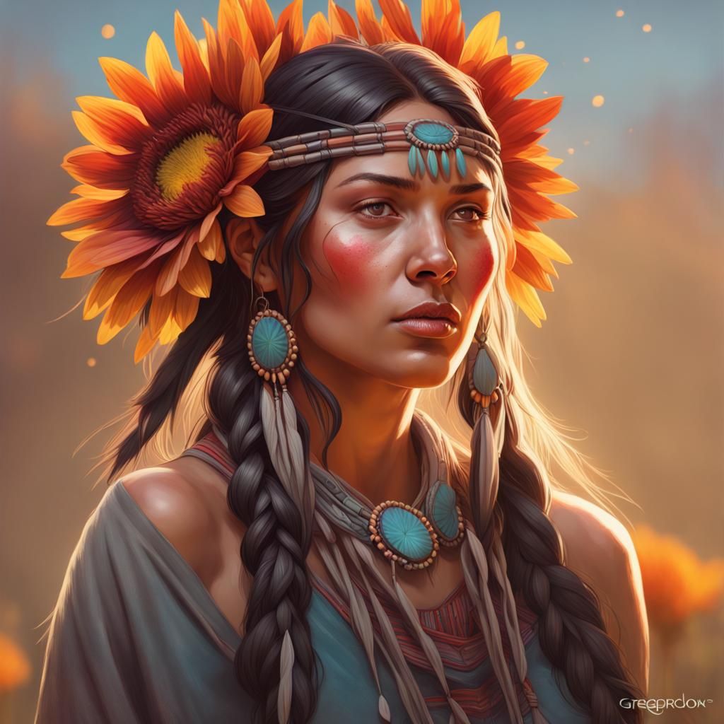 Native American Woman Portrait in Art Nouveau Style