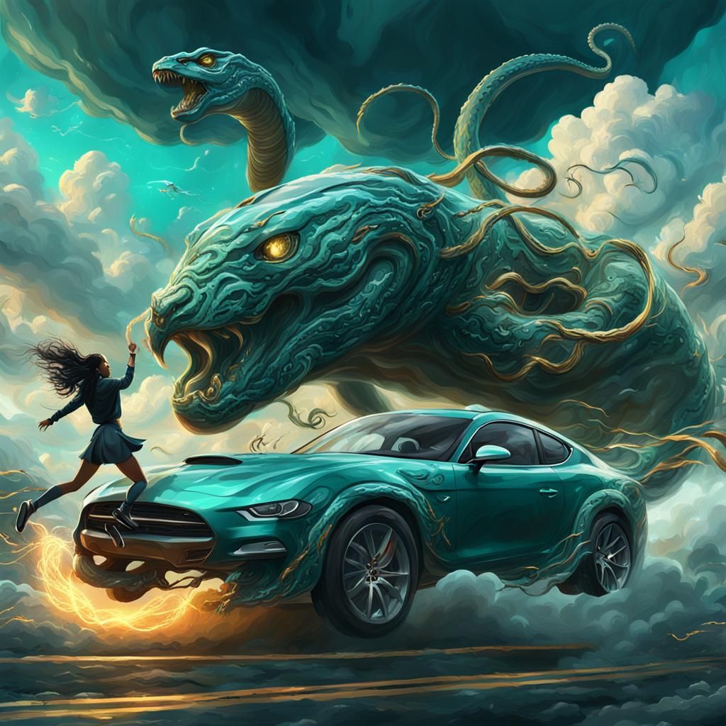 Girl Battles Serpent Amidst Car Crash, Digital Art