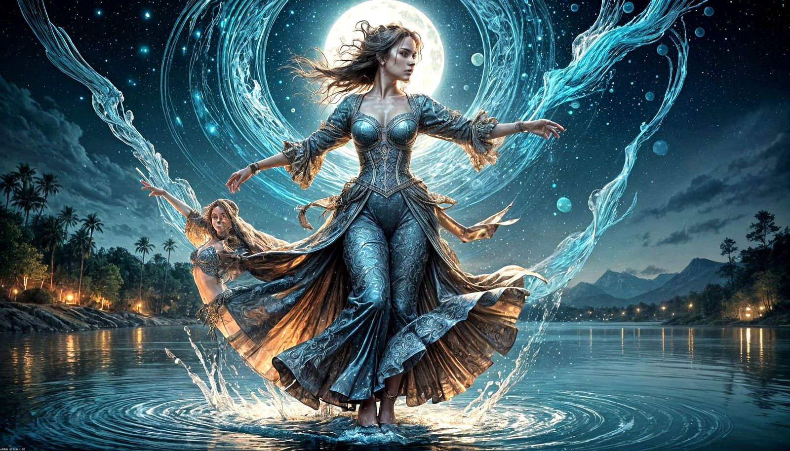 Woman Dancing on Moonlit Lake in Art Nouveau Style