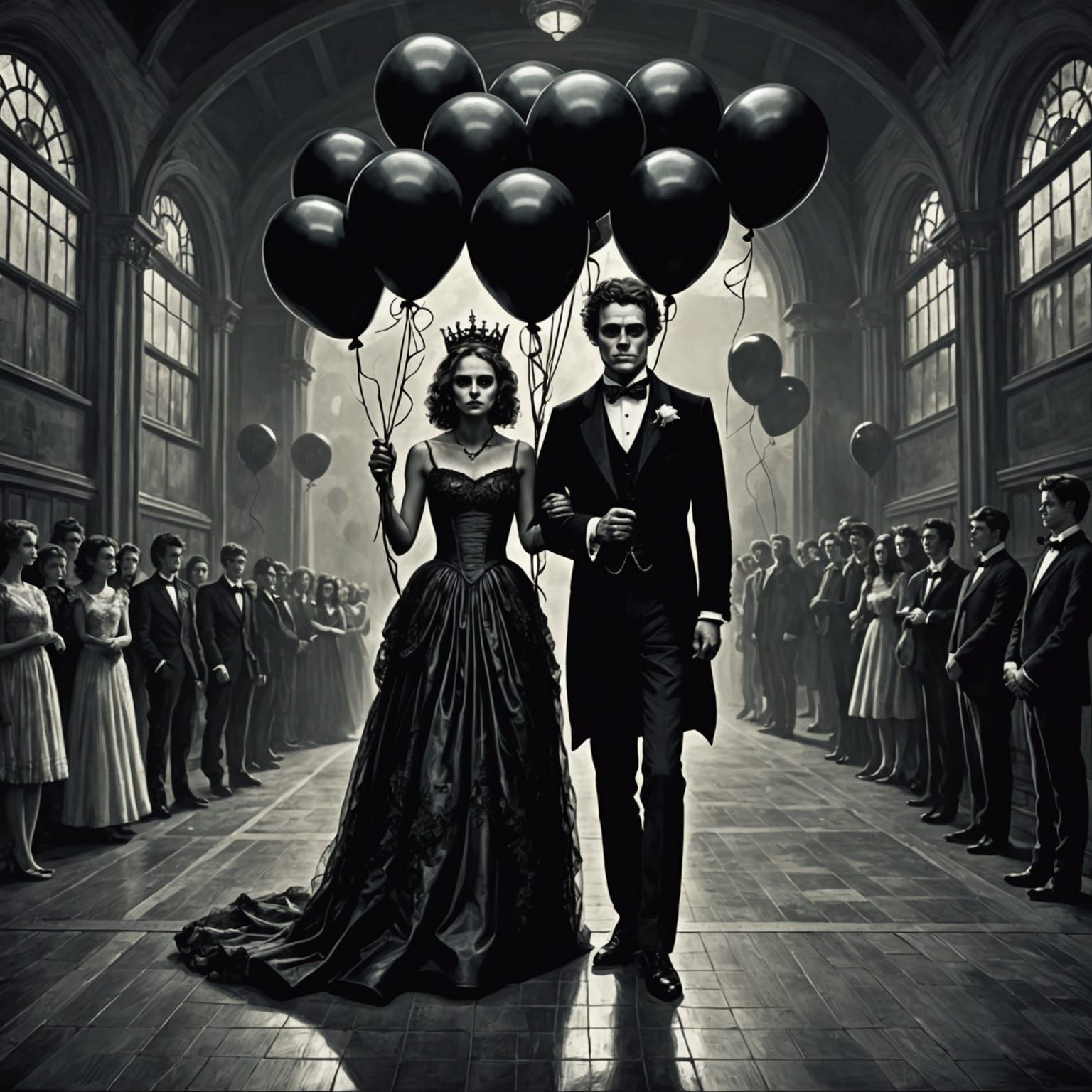 Dead Prom king and queen at highschool school prom with black balloons ghosts