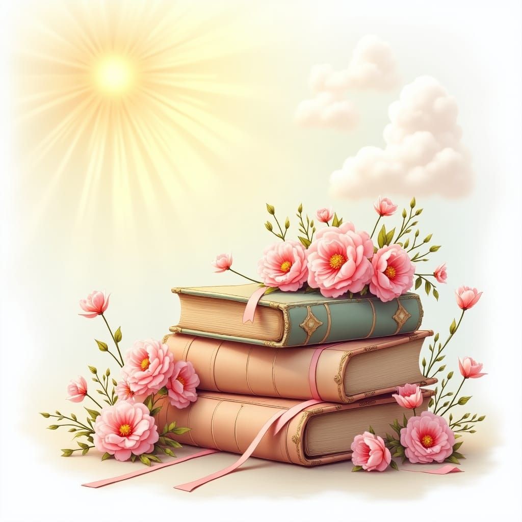 Whimsical Vintage Books with Pink Flowers Illustration