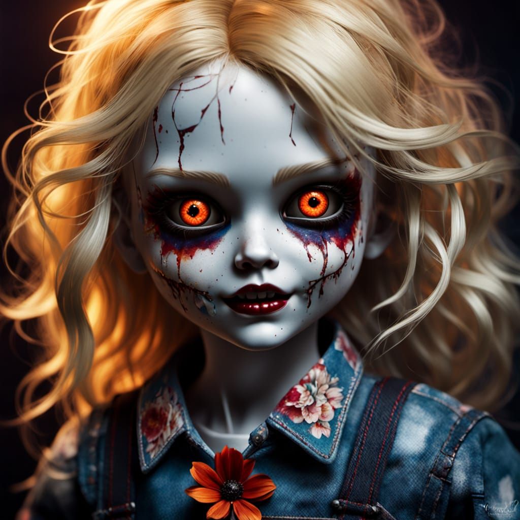 Creepy Doll with Red Eyes in Dark Whimsy Style