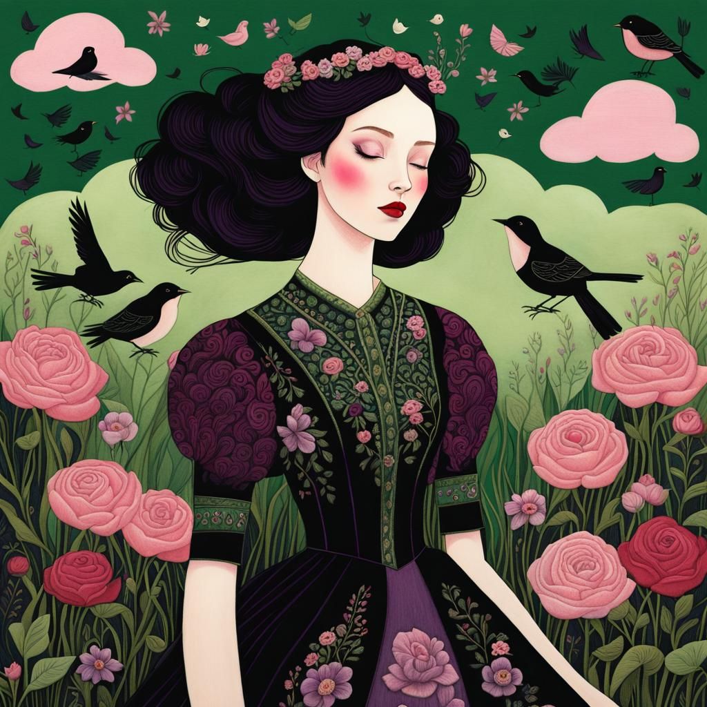 Gothic Woman in Meadow: Dreamlike Folk Art Illustration