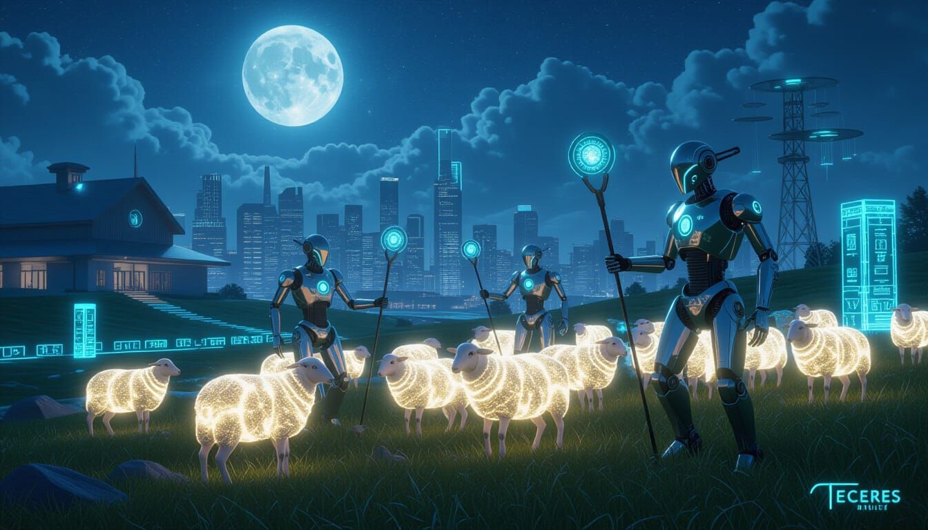 Futuristic Robot Shepherds Guide Glowing Sheep on Fantasy Fa...