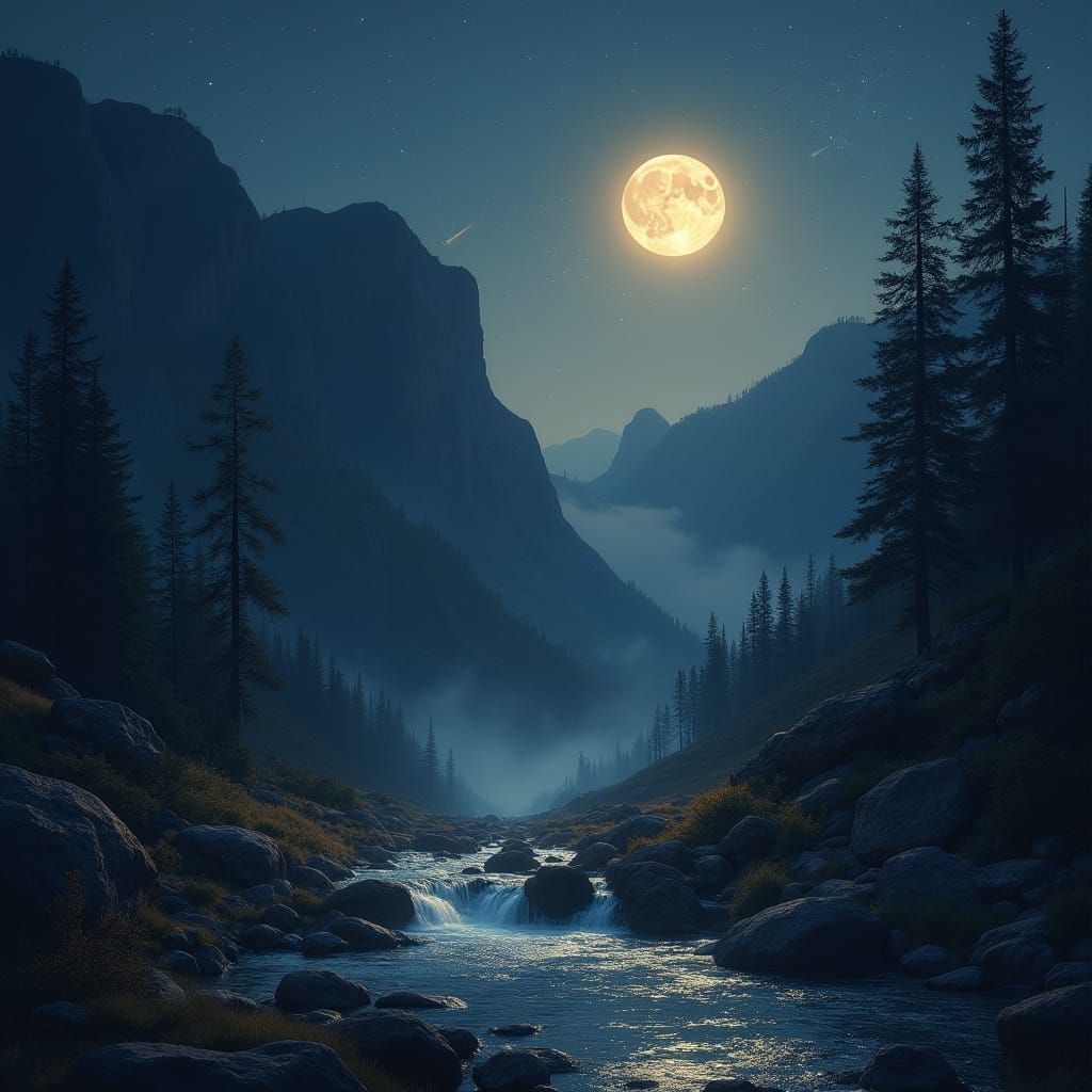 Moonlit Valley Waterfall with Ethereal Golden Light